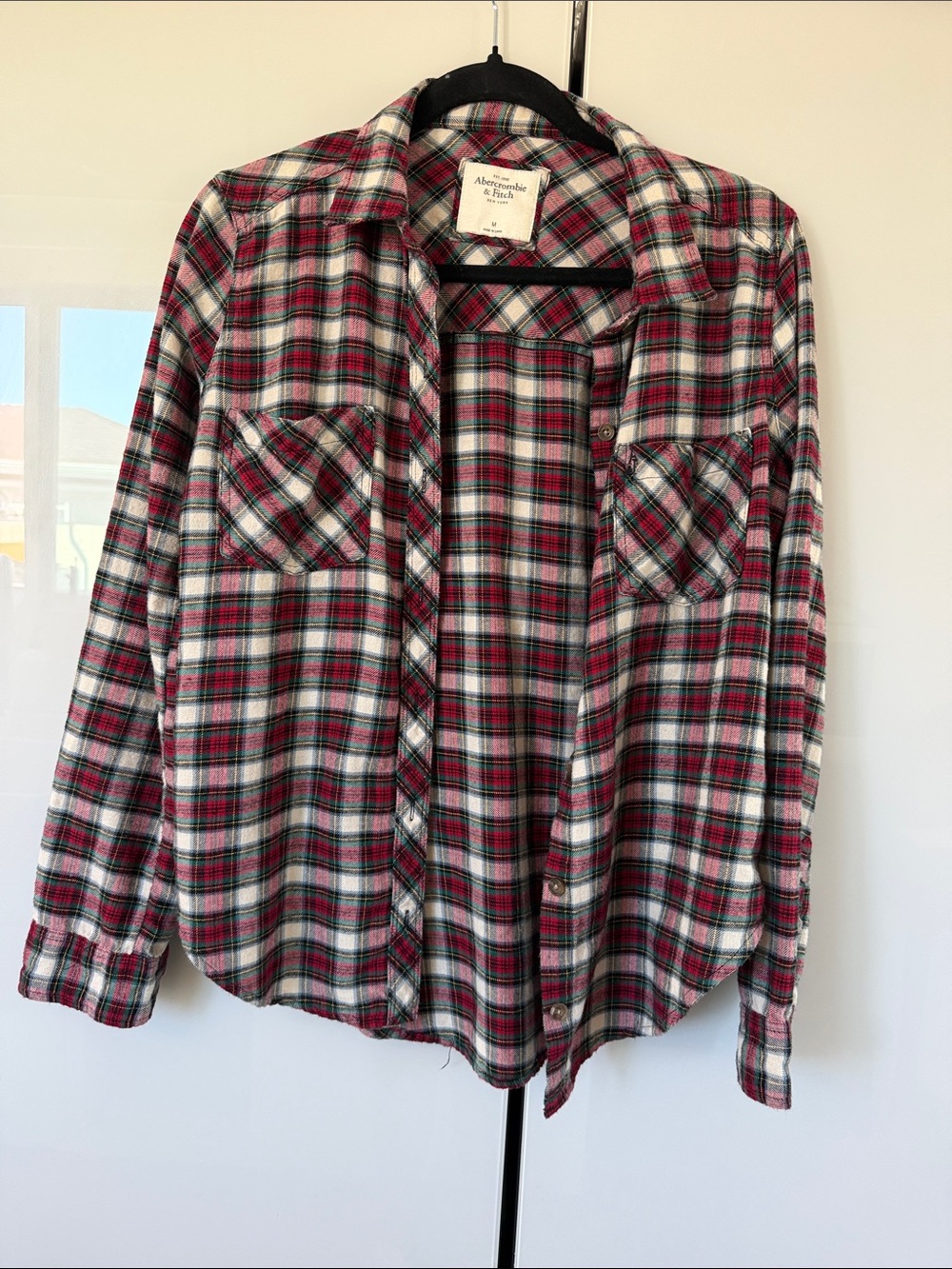 Abercrombie & Fitch Men's Red, Green and White Plaid Button-Down Shirt